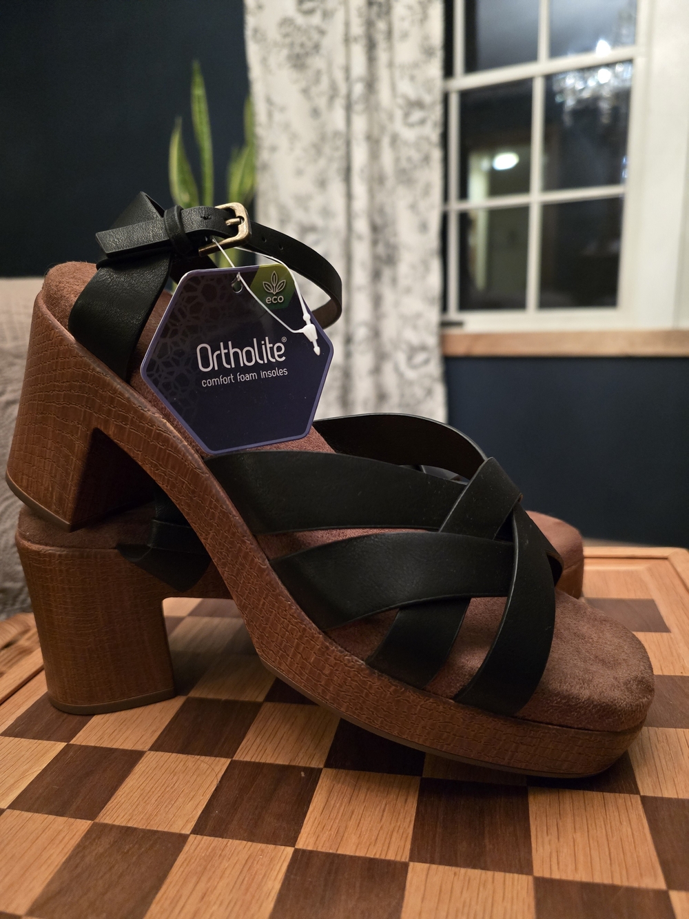Sonoma Sz 8 Black Strappy Platform Sandal with Brown Wood-Effect Heel NWT